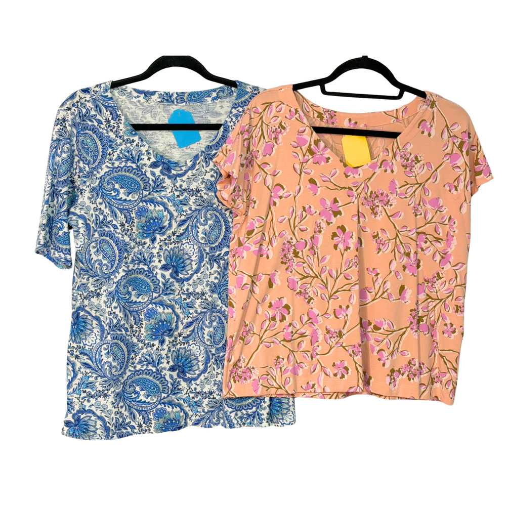 Lot of 2 J. Jill T-Shirts Sz S Blue Paisley & Orange Floral Cotton Knit Casual